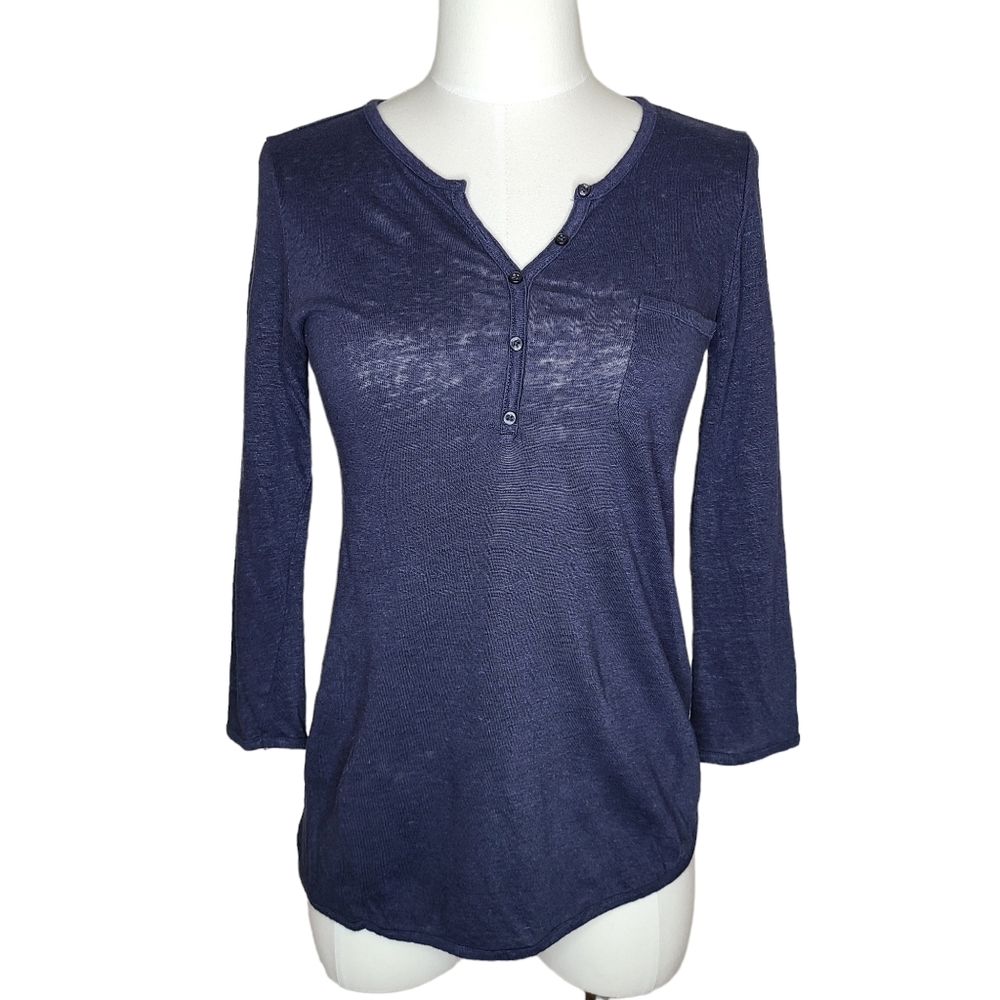 Athleta Linen Henley Navy Blue Tee T-Shirt XS